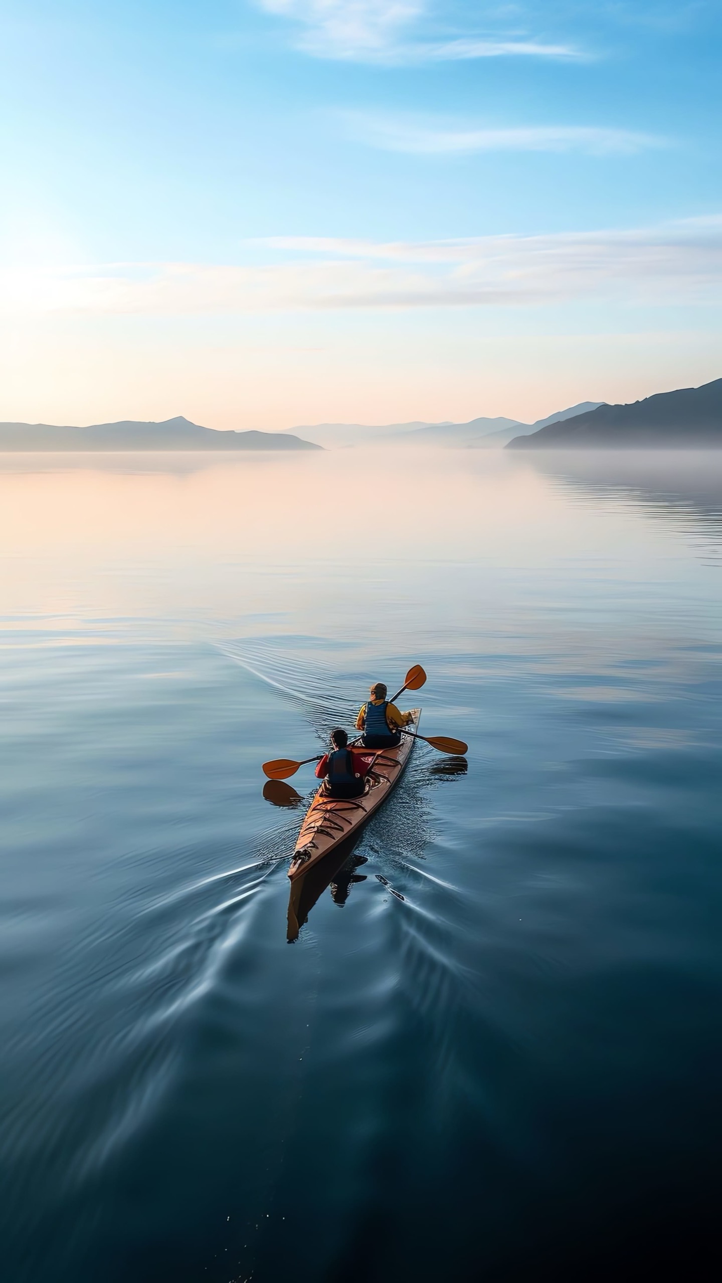 Panoramic aerial view of people kayaking in a lake Sea of Galilee Israel